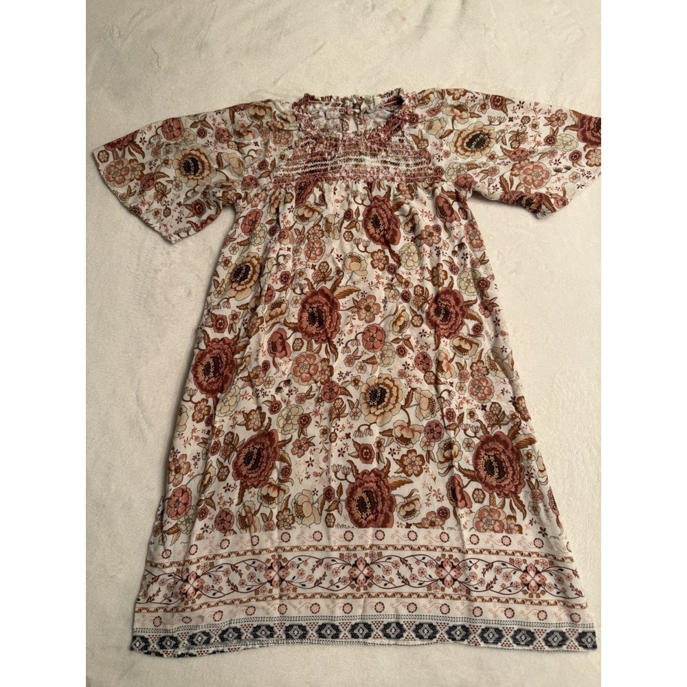 Hayden Girls Dress M Floral Boho Smocked Peasant Rayon Pink Brown Short Sleeve